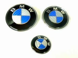 BMW ステアリング/ハンドル44㎜・フロント82㎜・リア73㎜3Dエンブレム 青×白カーボン調3点セット
