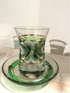 チャイグラス&ソーサー セット 手描き 花柄 グリーン トルコ 茶器,カップ＆ソーサー,ティーカップ