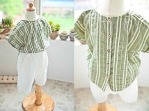  зеленый чай vanilla * Kids / детская одежда [ хлопок лен ] короткий рукав блуза / рубашка с коротким рукавом * для мужчин и женщин * 130cm