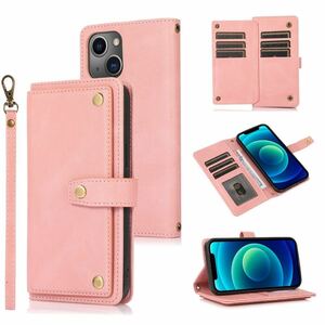 iPhone 13 Pro max leather case iPhone 13 Pro Max shoulder case notebook type card storage with strap .pink