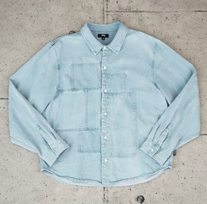 【送料無料】 STUSSY ステューシー WEBSTER DENIM SHIRT L.INDIGO ウェブスター パッチワーク デニムシャツ サイズXL