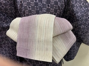 長尺手織り夏の絹麻半巾帯【紫ぼかし／ストライプ柄】夏の紬・小千谷ちぢみ・浴衣に⑧