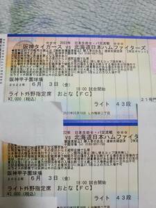 【定価即決】阪神タイガースVS北海道日本ハムファイターズ 6月3日 ライト外野指定席 2枚連番