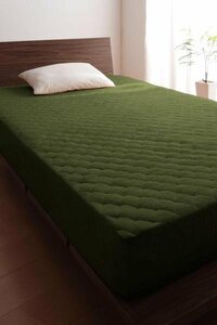 タオル地 敷パッド一体型ボックスシーツ 単品(マットレス用) セミダブルサイズ 色-オリーブグリーン /綿100%パイル ベッドパットカバー