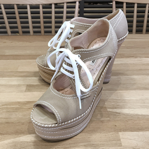 [ superior article ] MiuMiu Wedge sole sandals beige canvas 35.5 22.5cm 06864