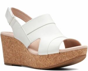  free shipping Clarks 27cm cork Wedge velcro sandals white leather leather strap thickness bottom spo sun Be sun heel SS29