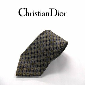 ●Christian Dior/クリスチャンディオール●訳有 小紋柄 シルク ネクタイ/紺×黄系[HX0877