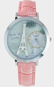 腕時計 エレガント シルバーのエッフェル塔 キラキラ (ピンク)