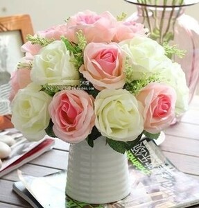 造花 バラ 2色 白いフラワーポット入り (ホワイト×ピンク)