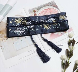  sash belt .. flower embroidery kimono manner peace pattern obi shime manner. decoration cord tassel attaching ( navy )