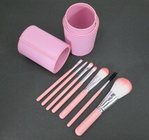 メイクブラシ 化粧筆 7本セット レザー風 筒型ホルダーケース付き ピンク_画像3