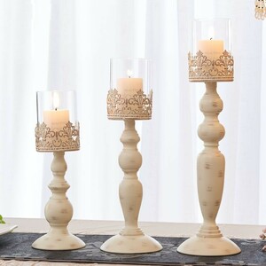  candle holder European antique manner glass. holder made of metal ( white, large middle small 3 piece set )