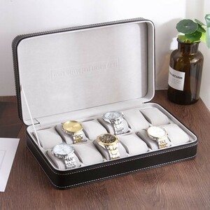 腕時計ケース ブラックレザー風 白ステッチ ジッパー 英文字 シンプル (12本収納)の商品画像