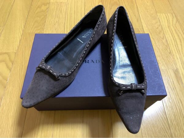 PRADA/プラダ スウェードポインテッドトゥフラットパンプス36