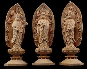 限定☆在庫わずか新入荷 仏教美術 精密彫刻 仏像 手彫り 阿弥陀如来三尊立像 高さ約43ｃｍ