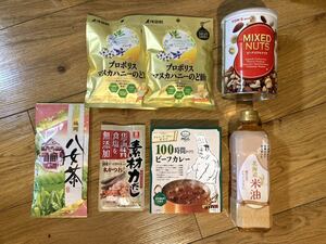 北海道米油・マヌカハニー浅田のど飴・TON'Sミックスナッツ・八女茶・リケン素材力だし・100時間かけたビーフカレー、食品詰め合わせセット