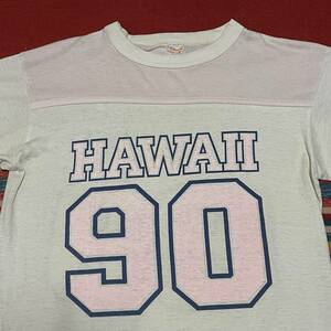 80s HAWAII 90 ハワイ ヴィンテージ ナンバリング フットボール 両面プリント Tシャツ ALORE MADE IN USA(白×ピンク ツートン,M)