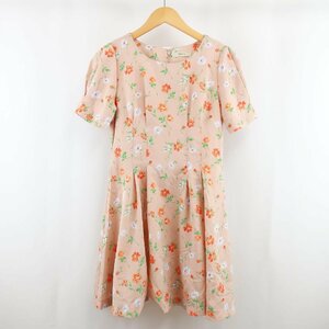 美品 titty&Co. ティティー フラワー 花柄 総柄 パフ袖 タック フレア ワンピース F オレンジ グリーン 橙 緑 レディース KC1703-17