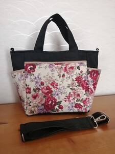 ハンドメイド リネン薔薇&デニムトートバッグ ショルダー