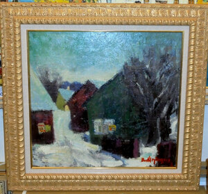 絵画 インテリア スウェーデン風景油絵 ジョンソン 作「雪景色と家並」（東京日本橋トライアンフギャラリー）