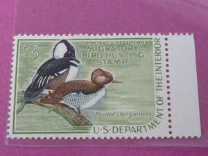 22SE　S　№C　アメリカ 狩猟切手　1968年　SC#RW35　$3　右辺耳紙付　未使用・裏面間紙付着有