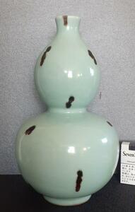 中国古美術　中国古陶磁器　古玩　元時代明朝　龍泉窯　飛青磁写し　瓢形　大壺　大瓶