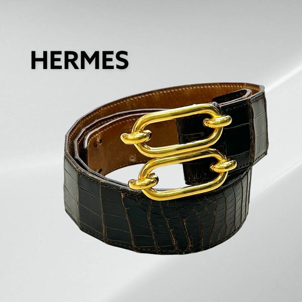 高級 HERMES エルメス 〇R刻印 クロコダイル ポロサス ゴールドバックル 本革 エキゾチックレザー ベルト メンズ