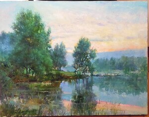 風景画夕暮 油絵 P10号 肉筆 額装