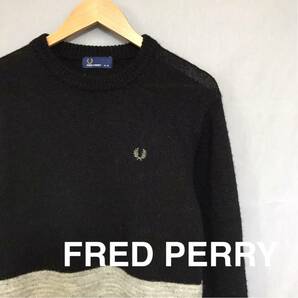 フレッドペリー FRED PERRY 長袖 セーター ニット ウール100% ヒットユニオン ロゴ 刺繍 丸首 トップス 男性用 メンズ ブラック XS ∬★