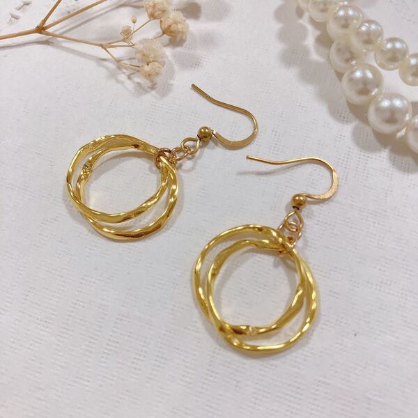 No.55 ゴールド 2重フープ ピアス ハンドメイド