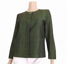 M美品/カルヴェン CARVEN 高級ノーカラージャケット 表記38号(9号/M相当) 緑 総ラメ 絹シルク素材 比翼 春秋向け アウター レディース_画像1