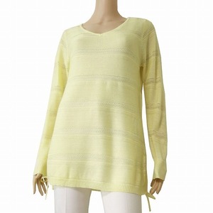 A beautiful goods / L ELLE vivid knitted tunic inscription 40 number (L corresponding ) yellow color / yellow Kirameki .... lame entering border pattern .... spring summer autumn tops 