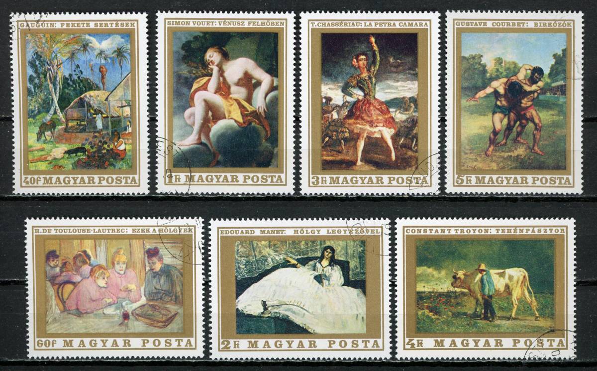 ∞Венгрия, 1969 г., французская живопись SC#1975~81. Использовано 7 типов, в комплекте., античный, коллекция, печать, открытка, Европа