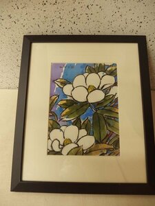 0520239w【手繰宗明 泰山木 水彩画? 額装品】花/47.5×40cm/中古品