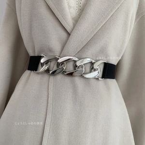 [ silver ] lady's belt rubber chain belt waist Mark pu silver color metal fittings black belt 