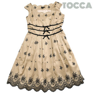 TOCCA# beautiful goods ribbon & floral print embroidery One-piece 2 lady's dress Tocca beige flair skirt no sleeve 