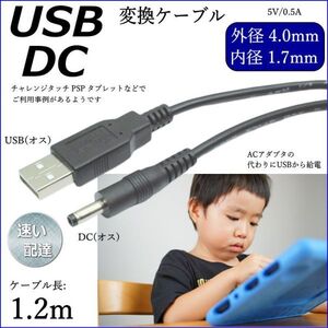 ☆ 電源供給USBケーブル チャレンジタッチ PSP タブレットの充電に USB(A)⇔DC(外径4.0mm/内径1.7mm) 1.2m DC-4017 【送料無料】