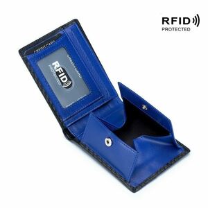二つ折り財布 メンズ 財布 本革 スキミング防止 薄い カーボン レザー ボックス型 小銭入れ RFID 薄型 メンズ財布 新品 青