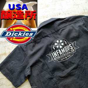 A499-DICKIES ワーク シャツ 半袖 アメリカ 古着 M ディッキーズ バイク フロント プリント ビール 工場 醸造所 クラフト 地 ドラフト USA
