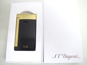●A52292:S.T.Dupont デュポン ライター ブラック×ゴールド SLIM7 タバコ 喫煙 ターボライター ネーム入り 動作未確認 ジャンク