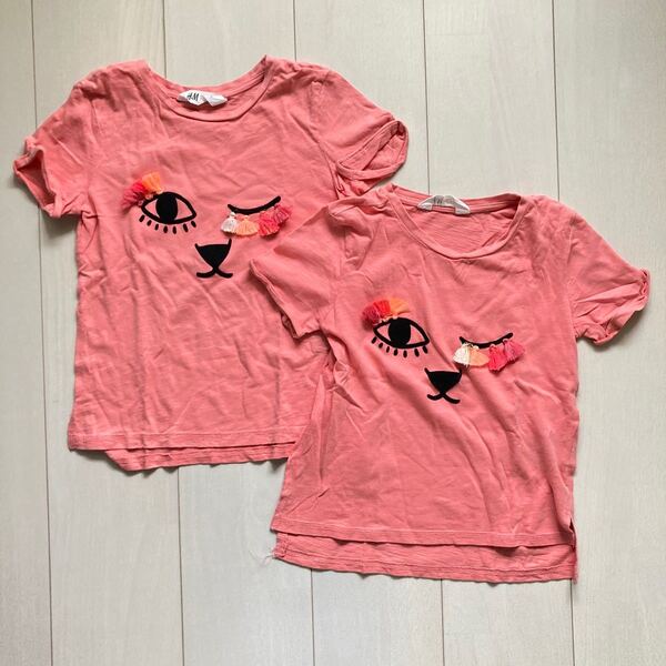 《H&M》キッズ 女の子 Tシャツ 2枚セット ピンク ねこ 130