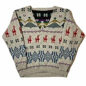 80s ITALY製 Vintage Knit ニット セーター トレーナー スウェット ヴィンテージ ビンテージ Vネック インディアン ナバホ 総柄 幾何学 革