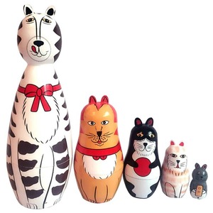 5ピースセット マトリョーシカ かわいい 木製 人形 動物 ロシア人形 猫 ネコ 入れ子ドール おもちゃ 置物：ab177