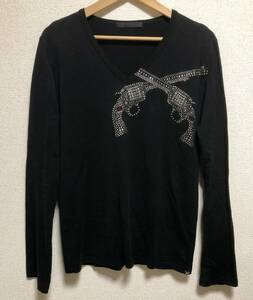  beautiful goods roar Roar two number . gun Cross gun Swarovski long sleeve V neck cut and sewn long T-shirt size 2 black made in Japan 