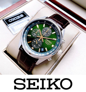 【1円】【日本未発売SEIKO】SEIKO セイコー クロノグラフ メンズ 腕時計 タキメーター ブラウン革レザーベルト 100m防水 グリーン ビジネス