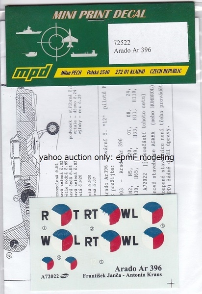 1/72 MPD アラド Ar396 戦後チェコ空軍仕様デカール 練習機 