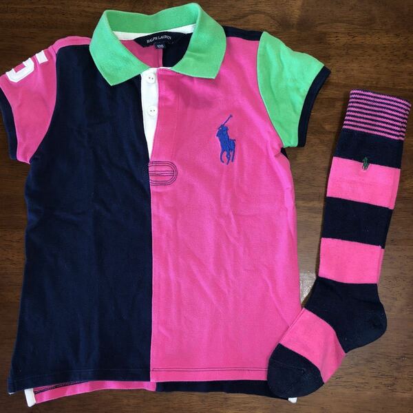 【Ralph Lauren/ラルフローレン】半袖ポロシャツ　ハイソックス（おまけ）120㎝　中古　ピンク×ネイビー