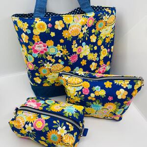ハンドメイド トートバッグ ポーチ セット ミニバッグ ランチトート ランチバッグ バッグインバッグ デニム 花柄