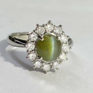  free shipping used ring ring kliso beryl cat's-eye diamond Pt900 platinum 3.55ct 1.00ct 21 number so-ting attaching 138298
