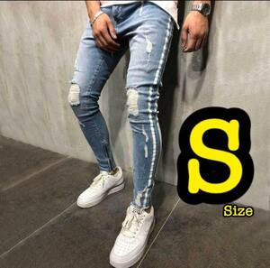 メンズ ジーンズ ダメージ スキニー デニム パンツ 2本ライン 細見え S デート おしゃれパンツ 着回し オールシーズン ジョガーパンツ